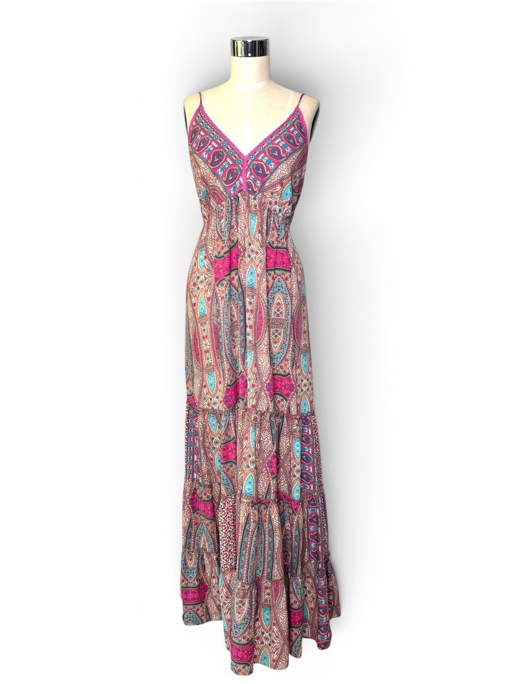 Pink and Blue Paisley V-Neck Beachwear‎ Maxi Dress with Spaghetti Straps